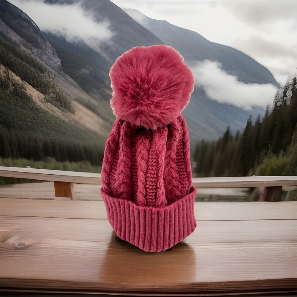 Time and Tru Cable Knit Beanie Winter‎ Hat Faux Fur Pom Soft Red One Size New